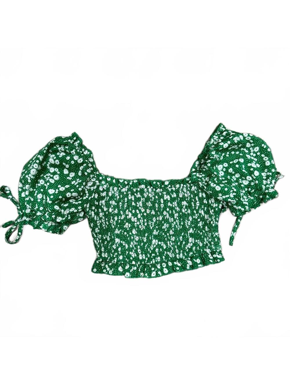 Princess Polly Green & White Floral Puff Sleeve Smocked Crop Top- Size 2